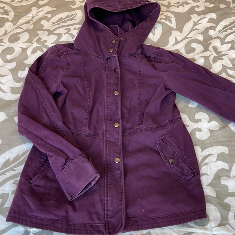 Loft eggplant light coat with hood EUC